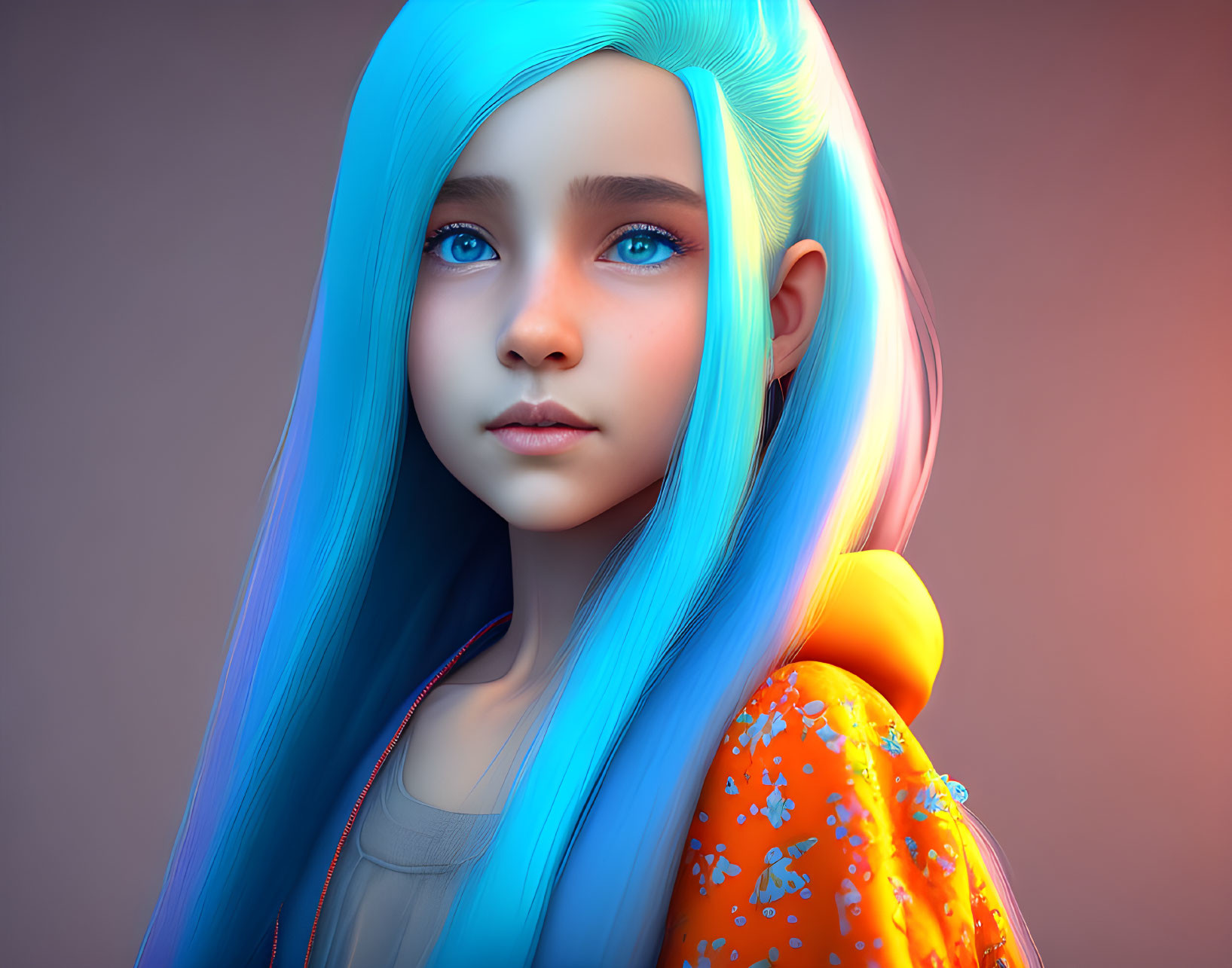 Vibrant 3D illustration of girl with blue and turquoise hair in orange floral shirt