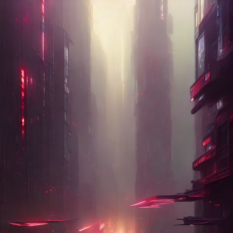 Futuristic cityscape with misty towering buildings and red accents