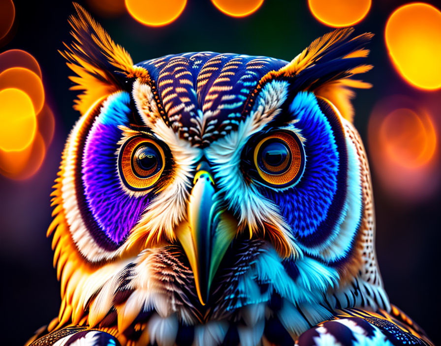 Colorful Owl Image with Large Orange Eyes and Intricate Feather Patterns