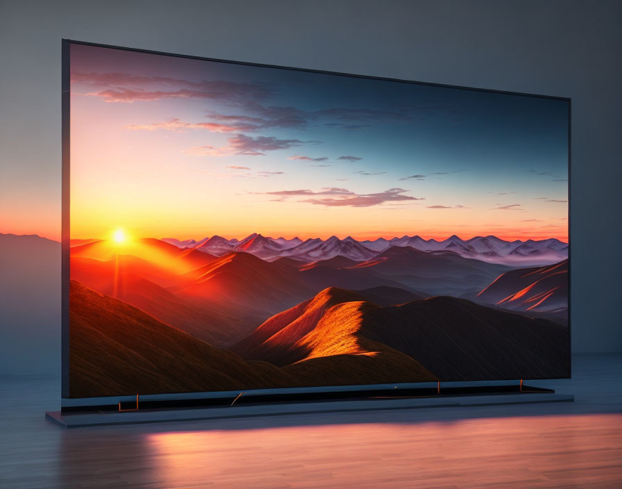 Modern TV Showing Vivid Sunset Over Mountains in Minimalistic Room