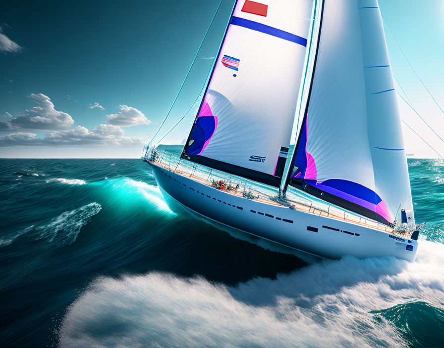 Sleek white sailboat with vibrant sails on turquoise sea