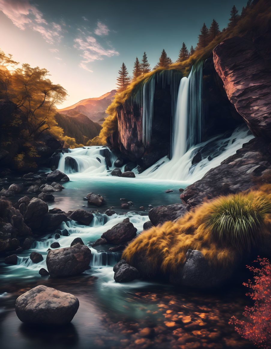 Serene waterfall cascades into turquoise pool amidst autumn scenery