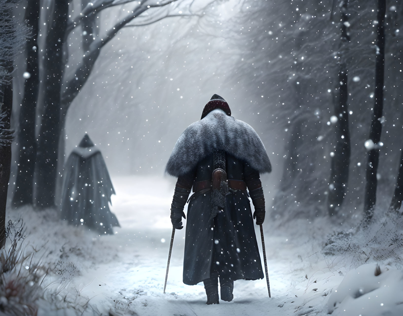 Medieval person in fur cloak walking in snow-covered forest path