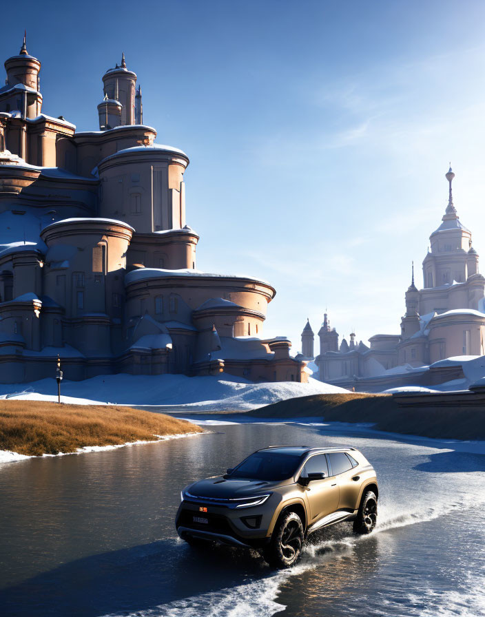 SUV driving through icy waterway by traditional buildings