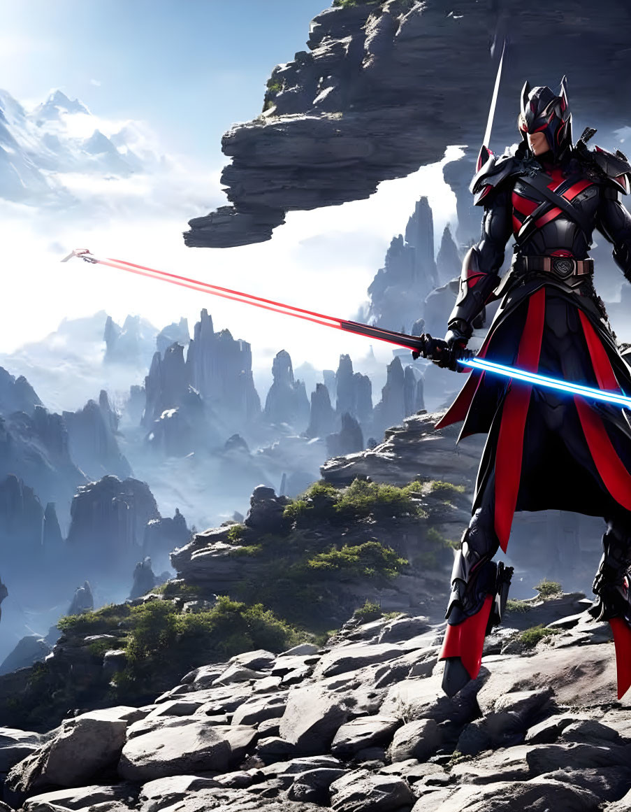 Armored figure with red laser sword in mountain landscape