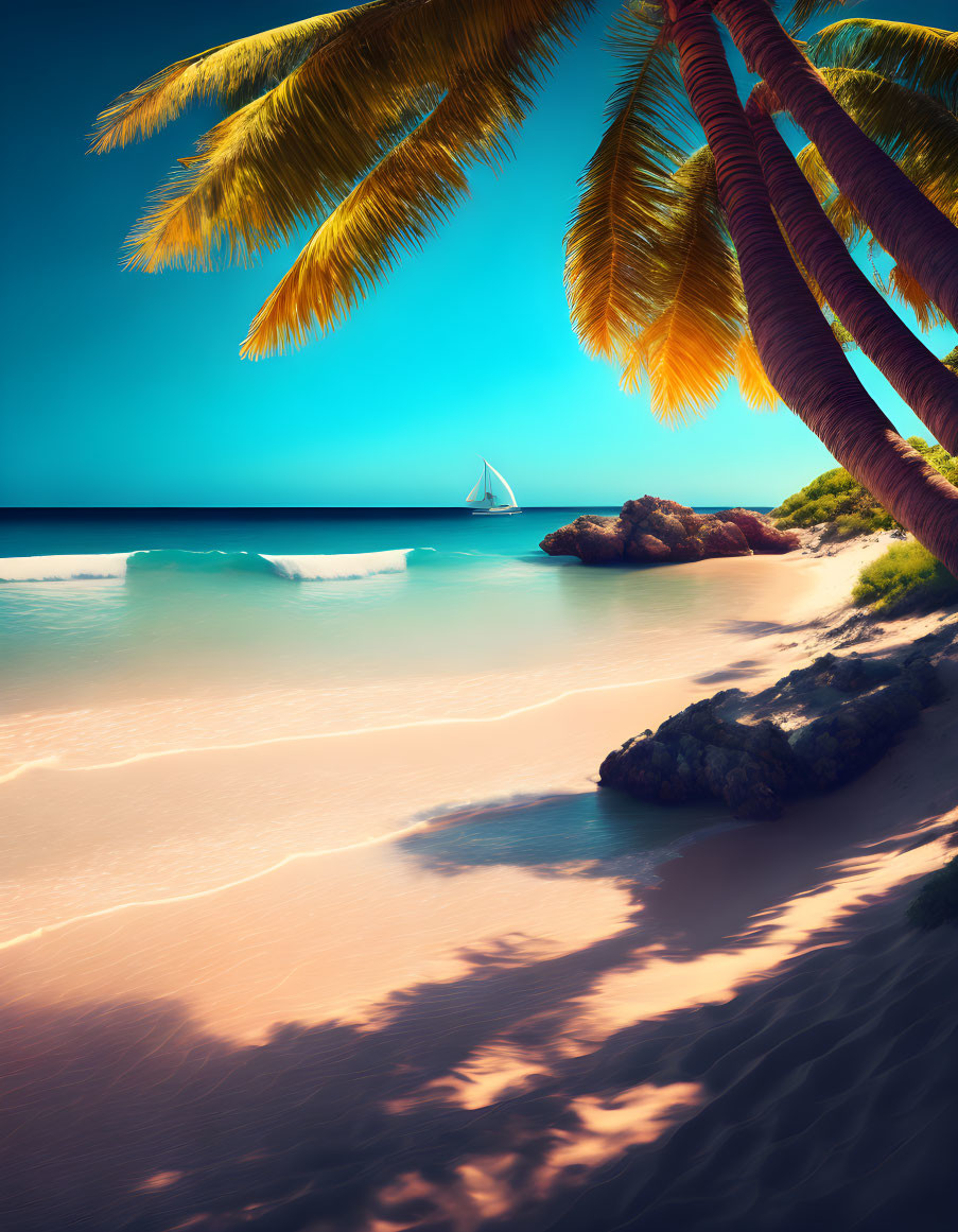 Scenic Tropical Beach with Palm Trees and Sailboat