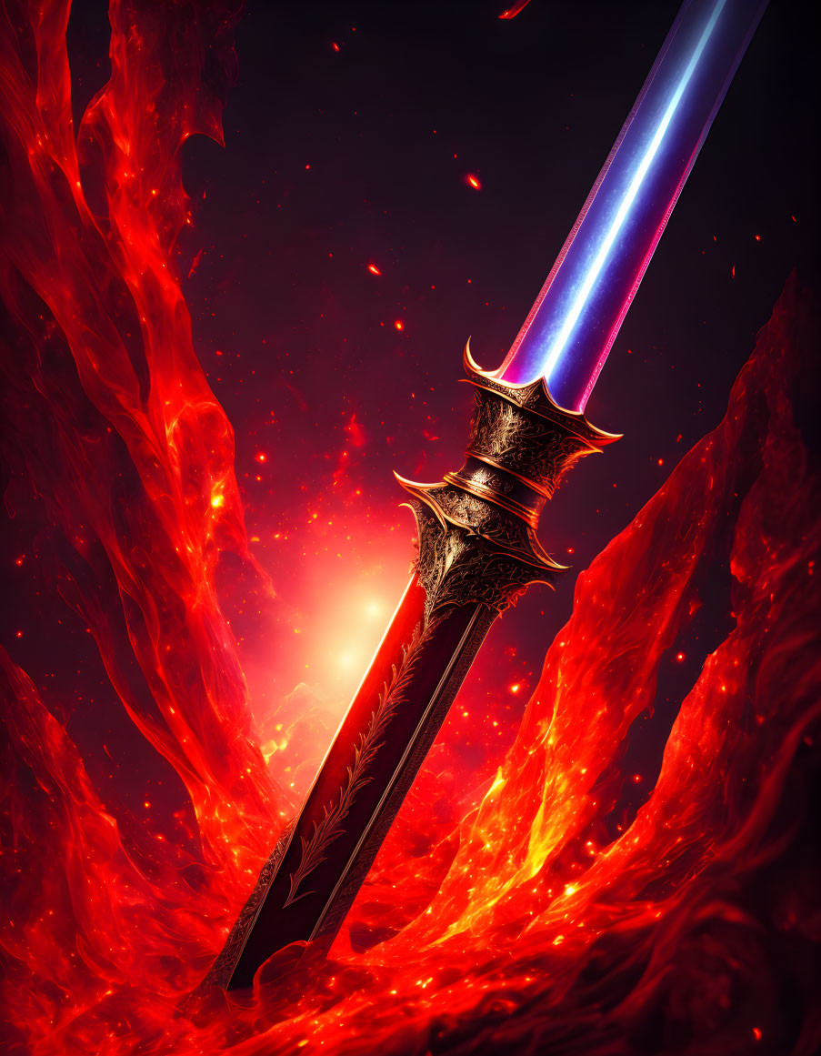 Ornate glowing sword plunged into fiery lava shows blue light