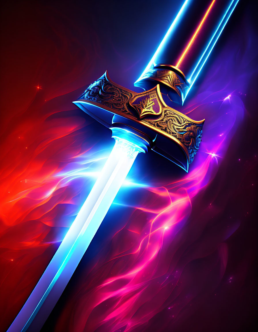 Colorful Dual-Bladed Sword Artwork with Cosmic Background