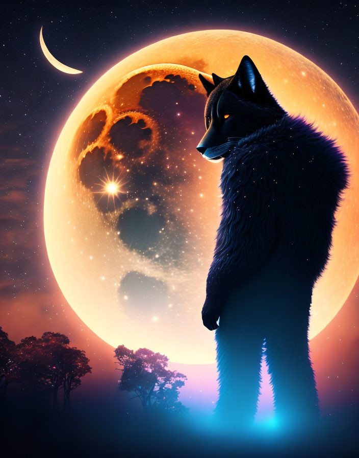 Silhouetted wolf under surreal oversized moon with vivid craters