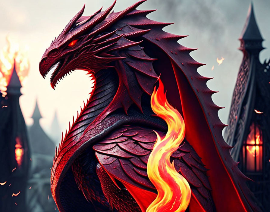 Majestic red dragon with glowing eyes and flames before a castle