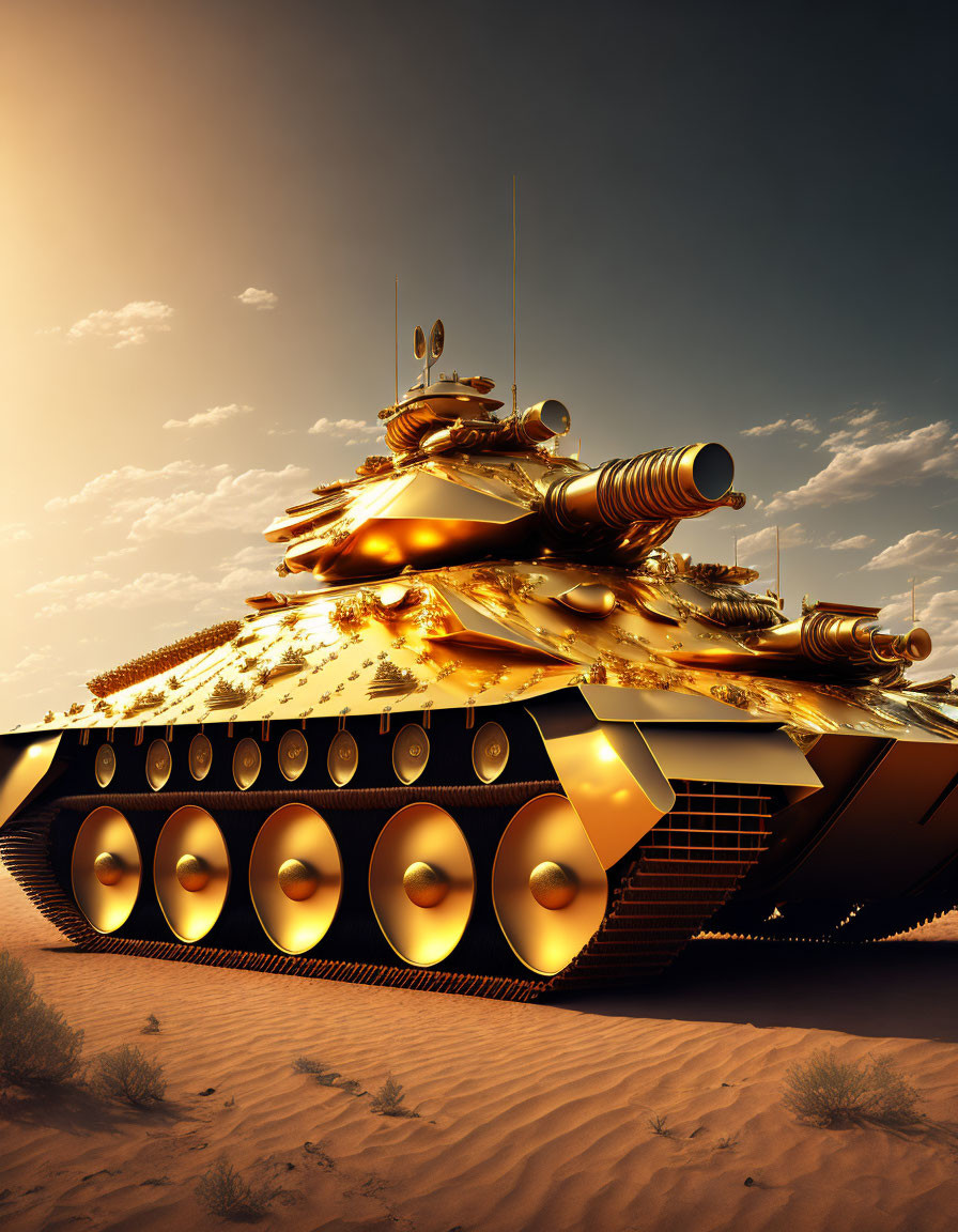 Golden futuristic tank with multiple barrels on desert terrain under hazy sky
