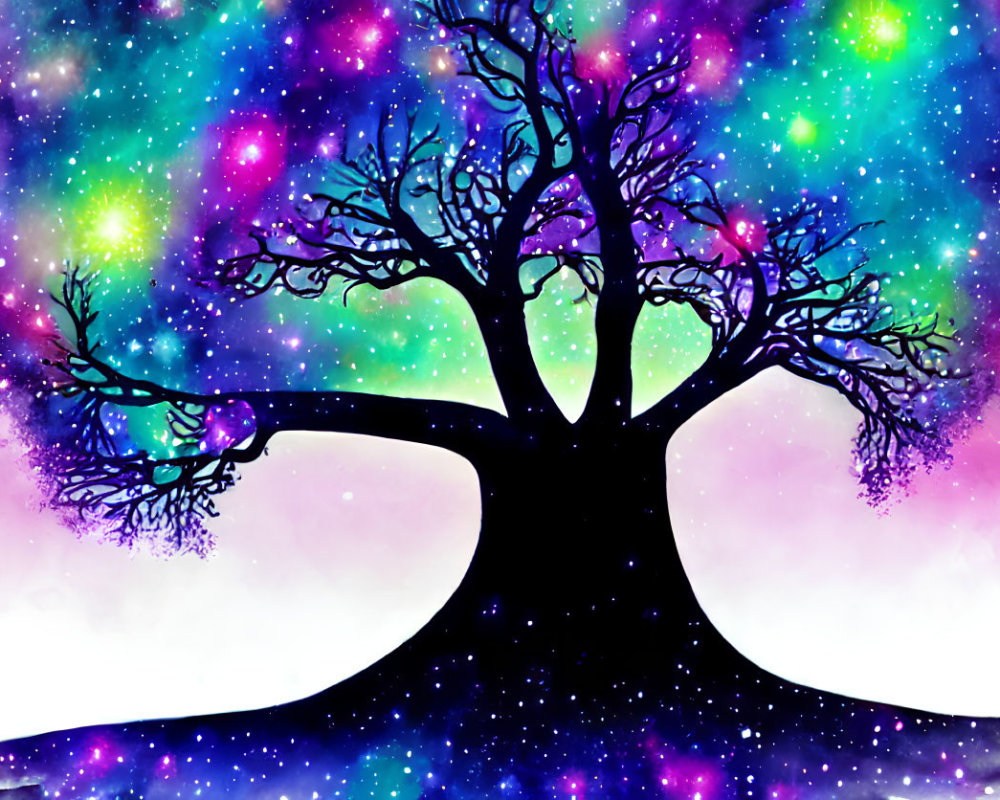 Colorful Celestial Tree Illustration with Nebulas and Stars