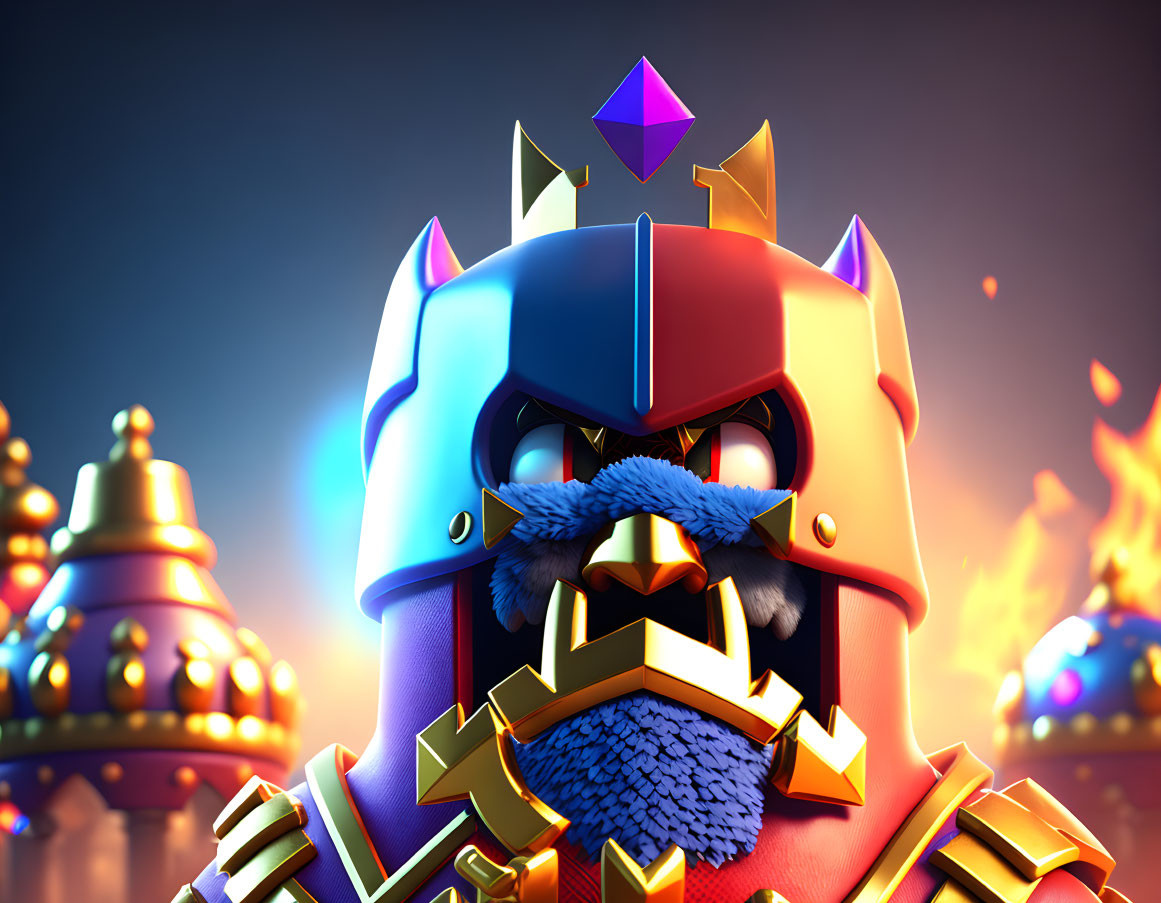 Animated knight in blue helmet and golden armor by blazing fire