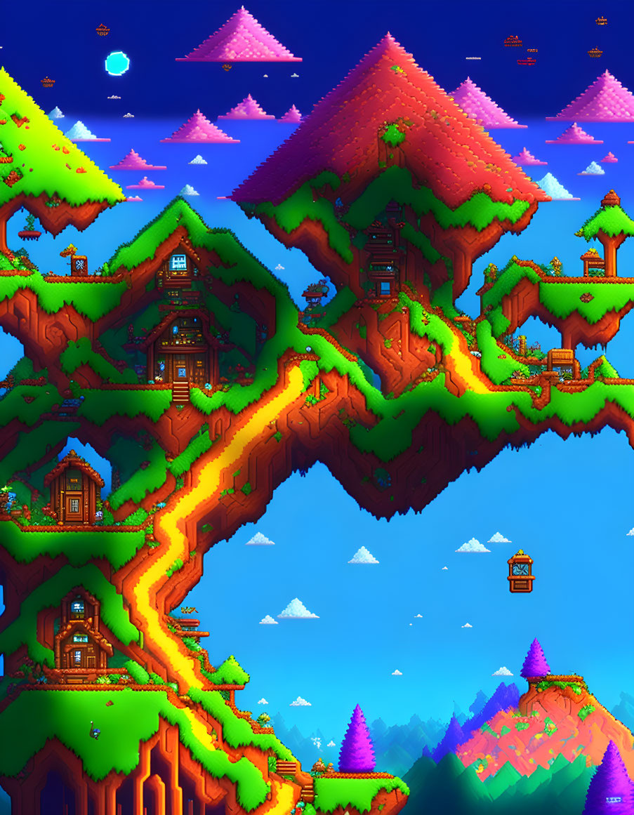 Colorful pixel art of a floating island with houses, trees, and starlit sky