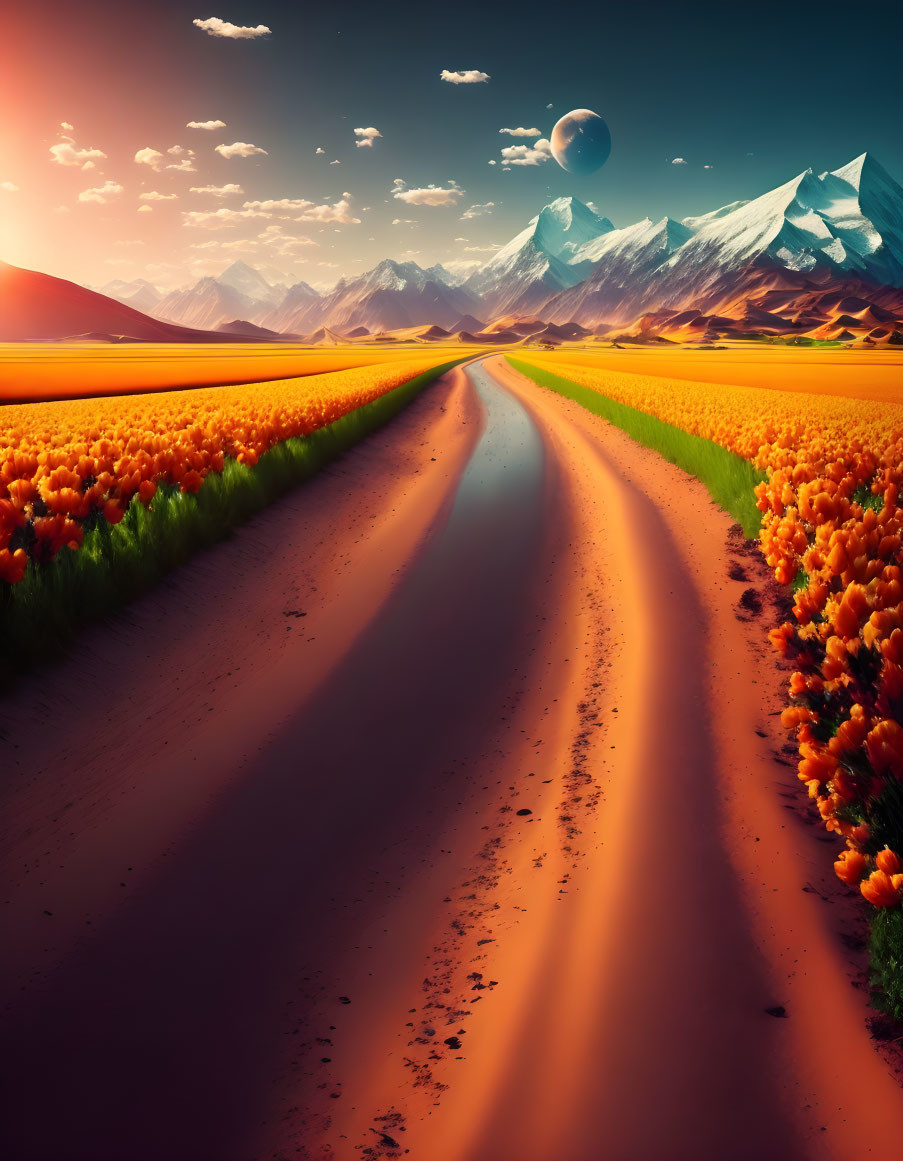 Scenic landscape with dirt road, orange flowers, snow-capped mountains, and large moon