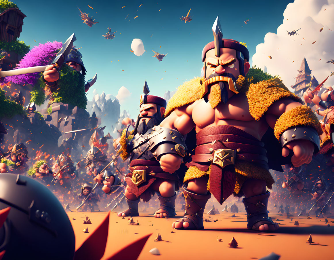 Colorful animated warriors battle in chaotic landscape