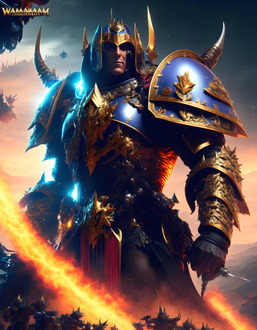 Majestic warrior in ornate blue and gold armor against fiery backdrop