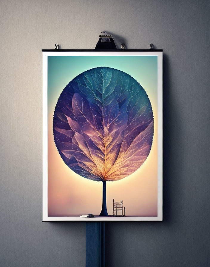 Stylized leaf art poster with intricate patterns and starry night sky overlay on clipboard.