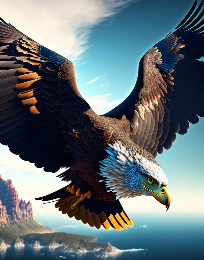 Majestic eagle flying over cliffs and ocean landscape