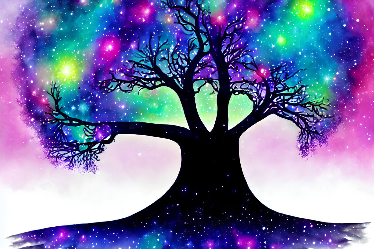 Colorful Celestial Tree Illustration with Nebulas and Stars