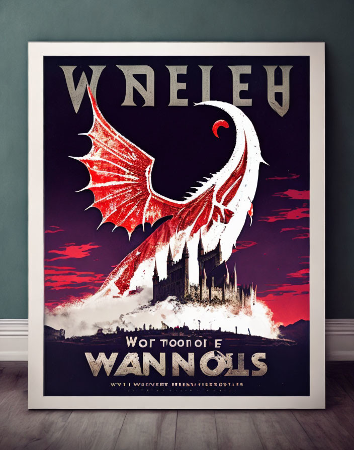 Stylized red and white dragon poster with mirrored Gothic text above castle at sunset