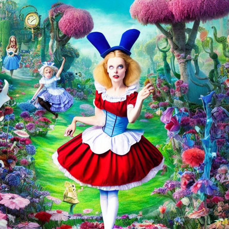 Colorful Alice in Wonderland depiction with surreal elements and characters