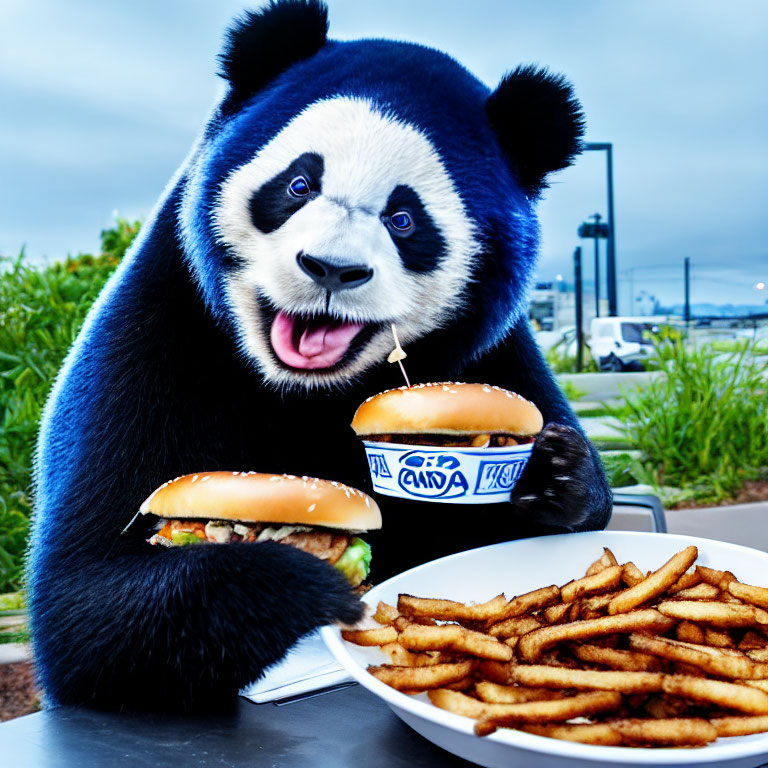 Panda costume figure with burger and fries at table