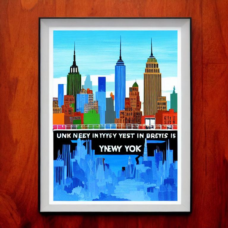 Vibrant New York City skyline poster with playful distorted text