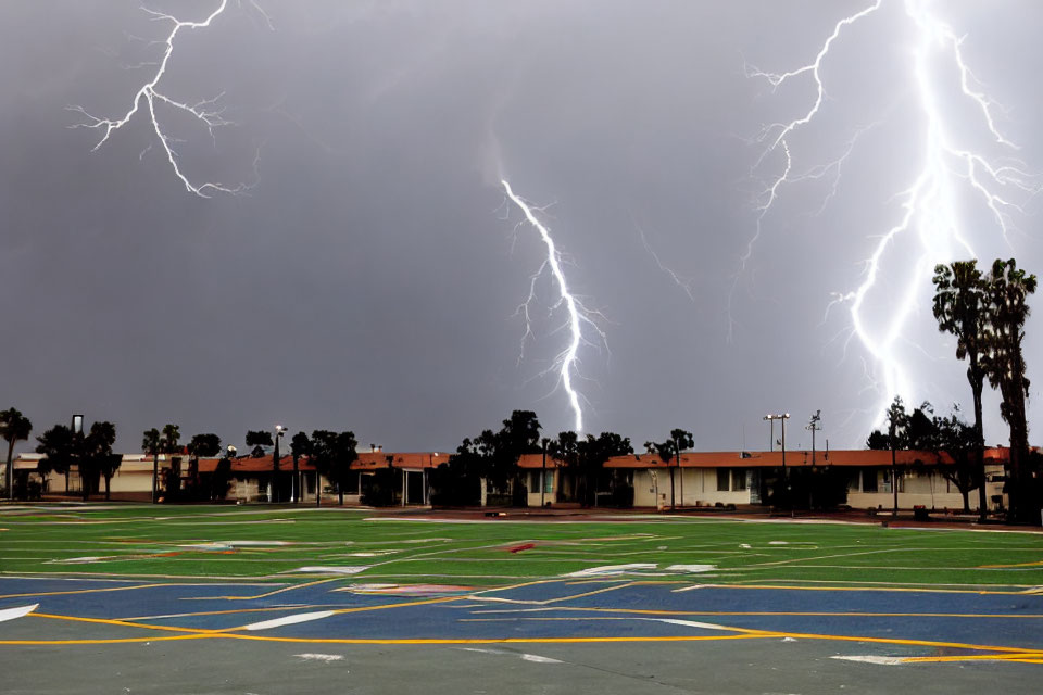 Multiple Lightning Strikes Over Colorful Schoolyard Playground