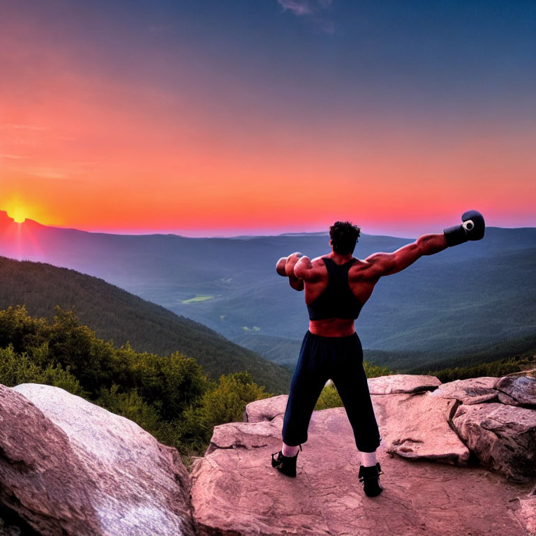 Person holding weights on cliff at sunrise overlooking vibrant valley