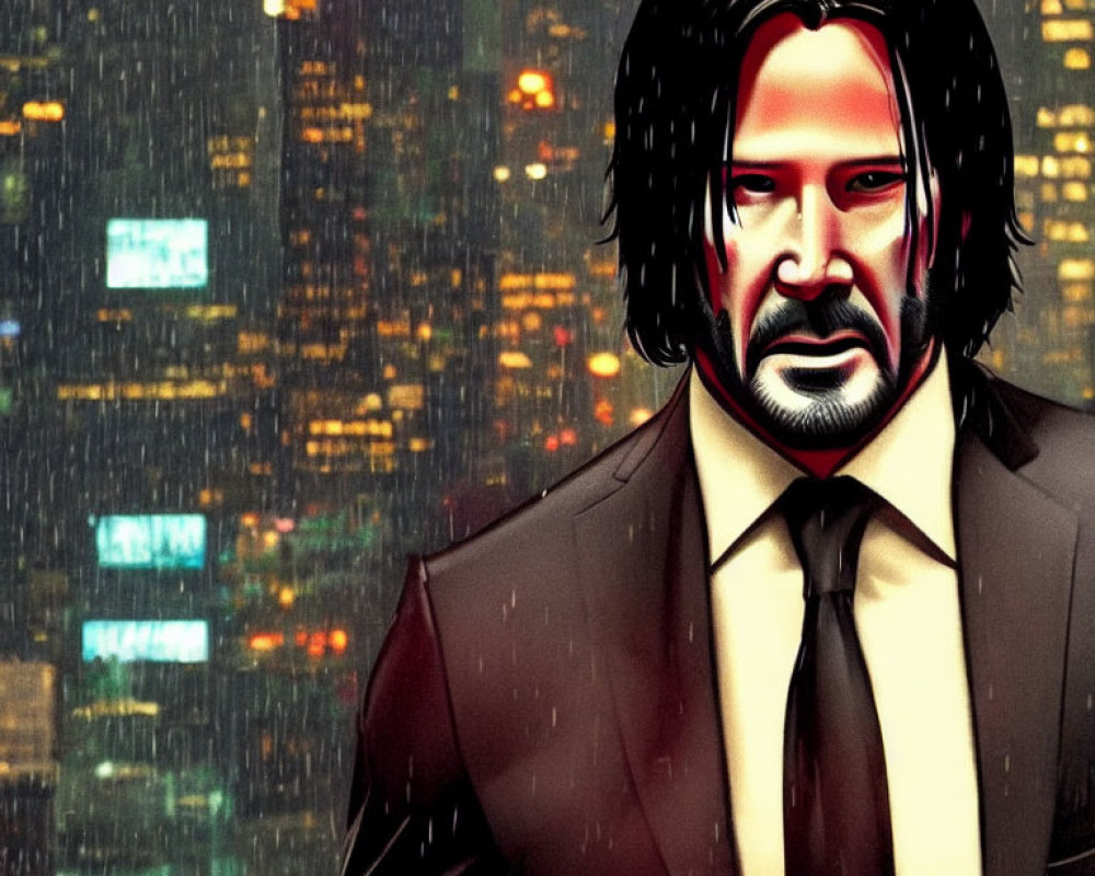 Man with Long Hair and Beard in Suit with Neon Cityscape and Raindrops