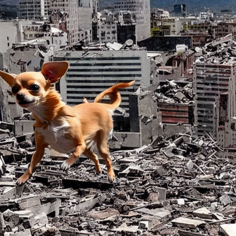 Chihuahua on rubble with urban skyscrapers in background