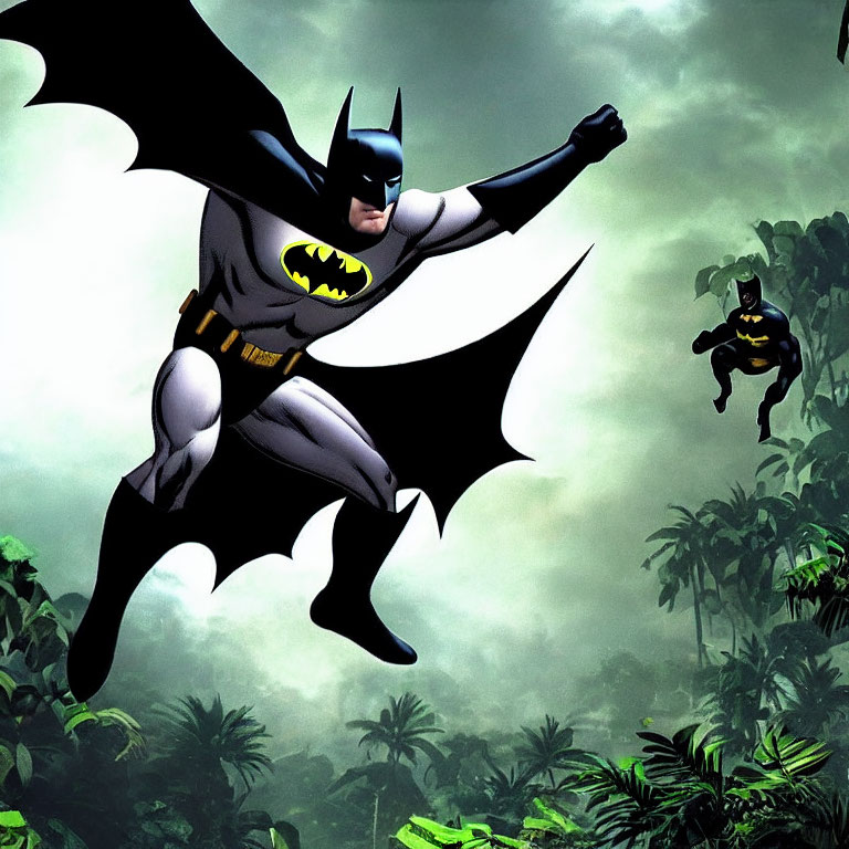 Dynamic Batman pose with another figure in jungle setting at dawn/dusk.