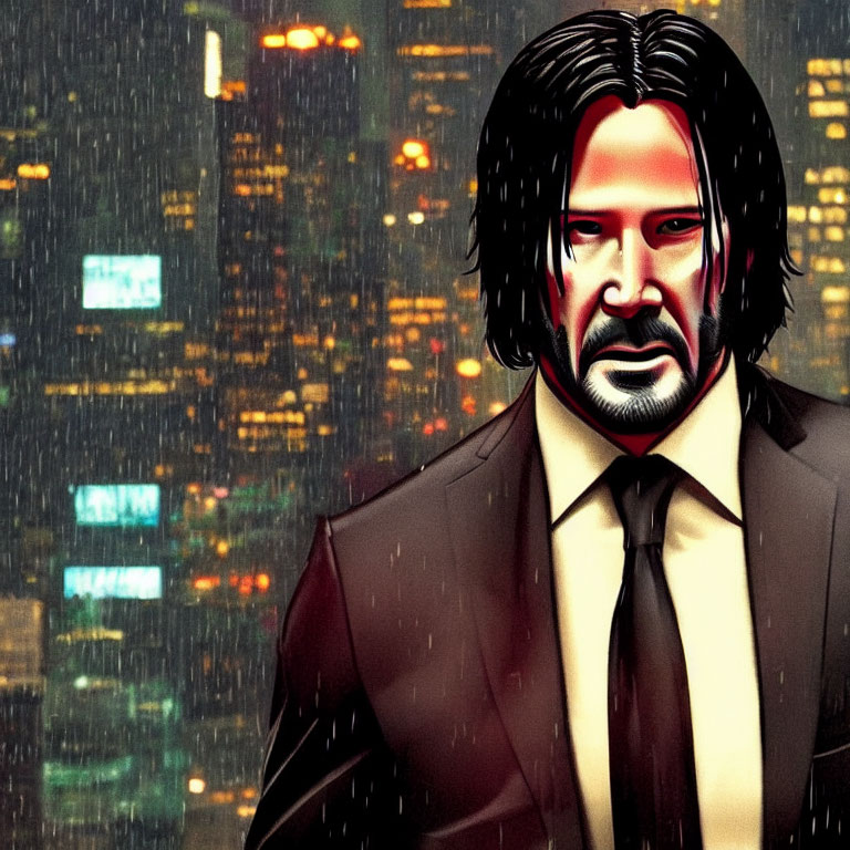 Man with Long Hair and Beard in Suit with Neon Cityscape and Raindrops