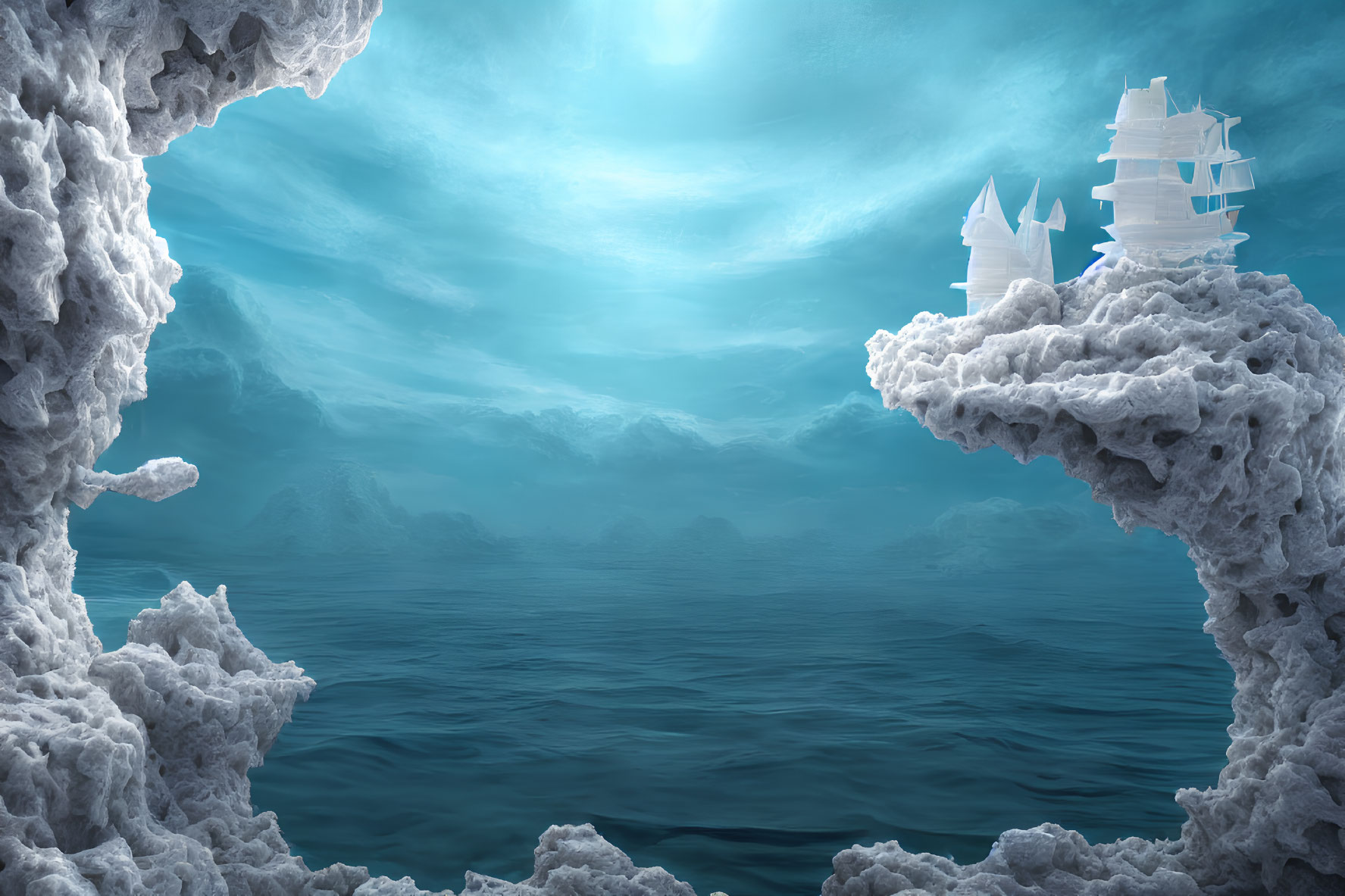 Fantastical seascape with white castle on cloud-like cliff