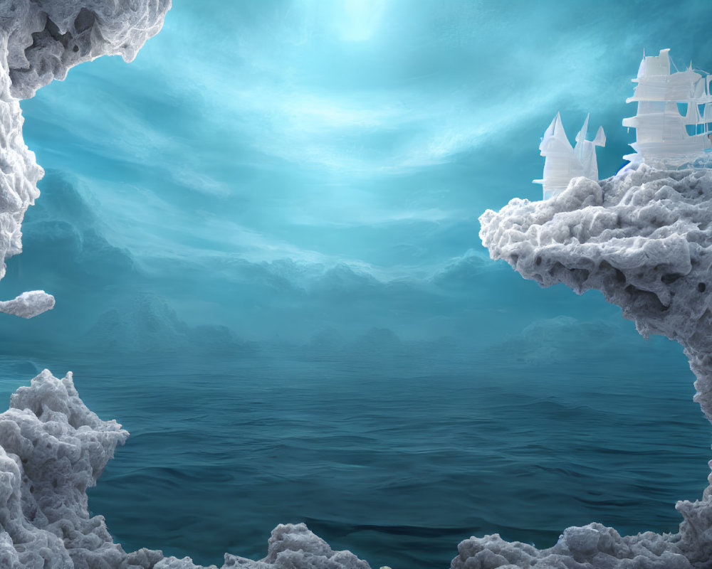 Fantastical seascape with white castle on cloud-like cliff