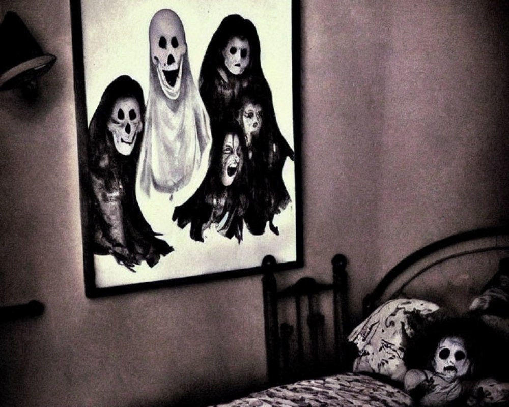 Spooky bedroom with large eerie painting, skull-faced figures, hat, and skull bed.