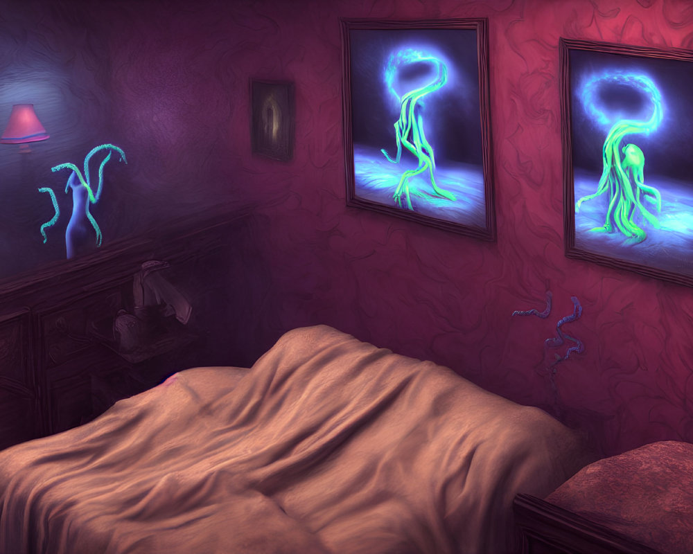 Ethereal blue figures in surreal bedroom setting