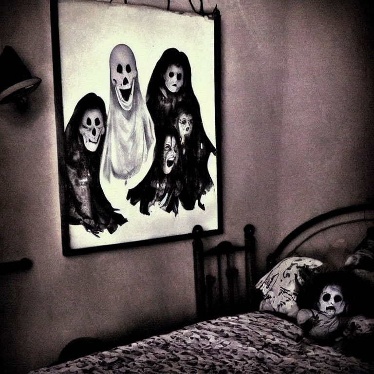 Spooky bedroom with large eerie painting, skull-faced figures, hat, and skull bed.