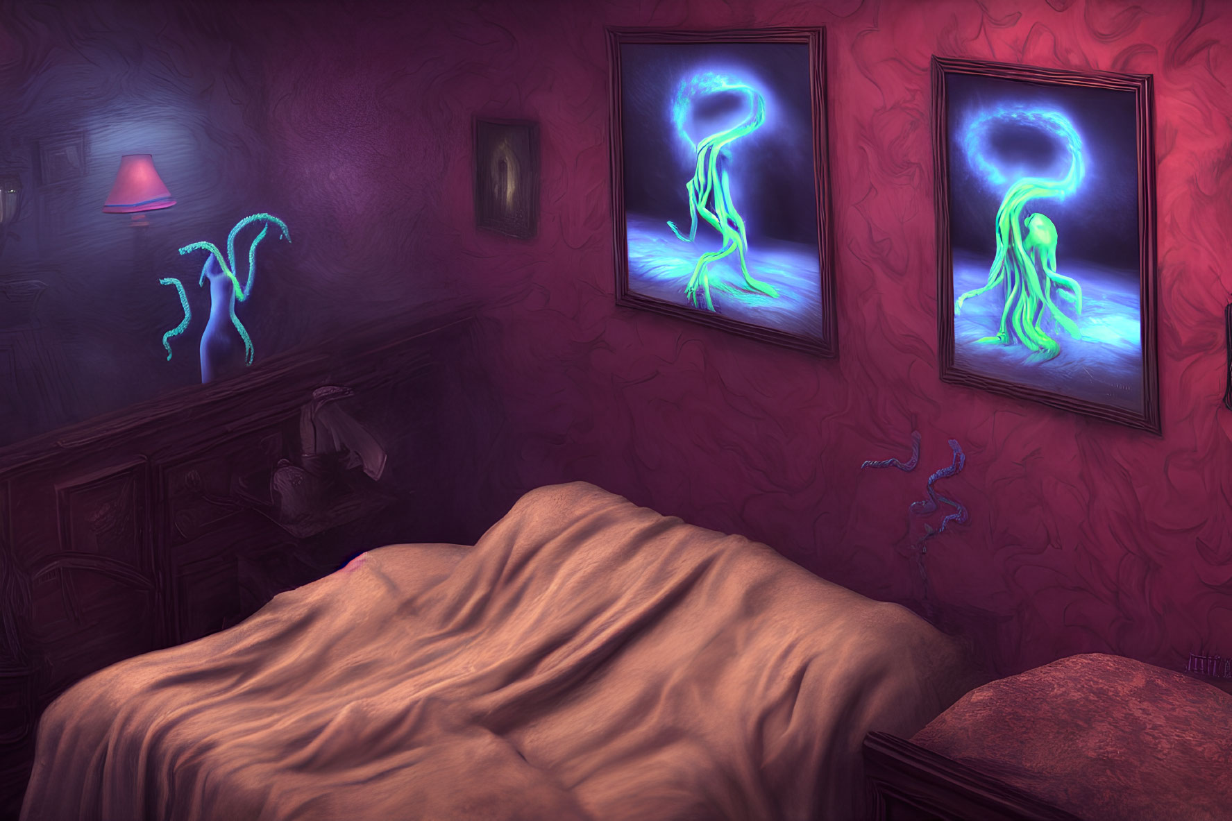 Ethereal blue figures in surreal bedroom setting