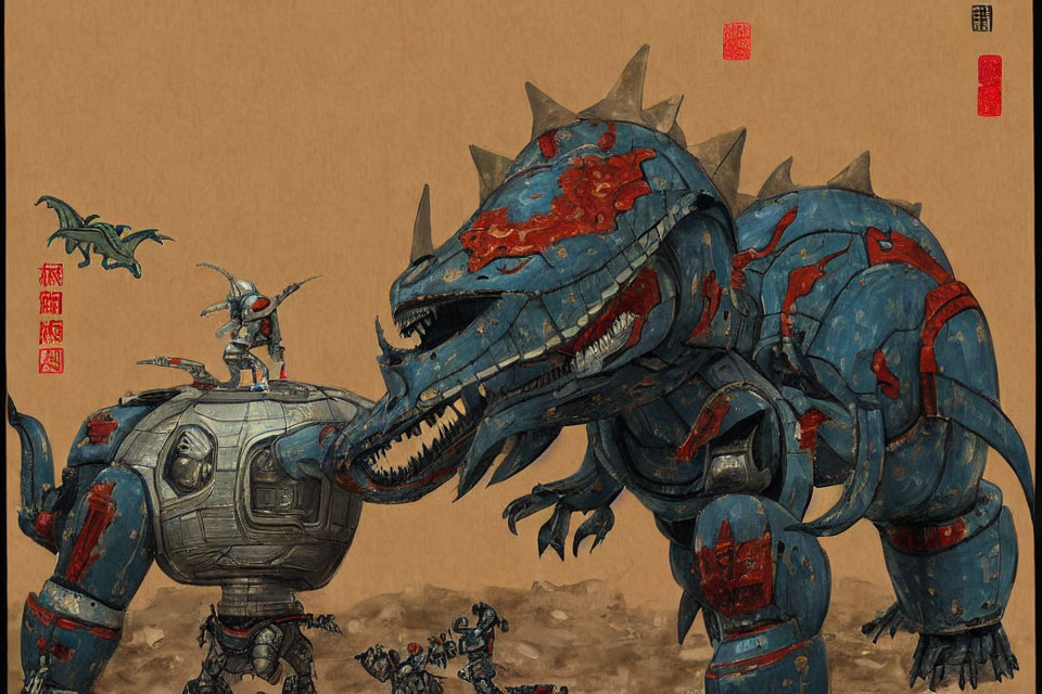 Mechanical dragon art with blue armor plates on textured brown background
