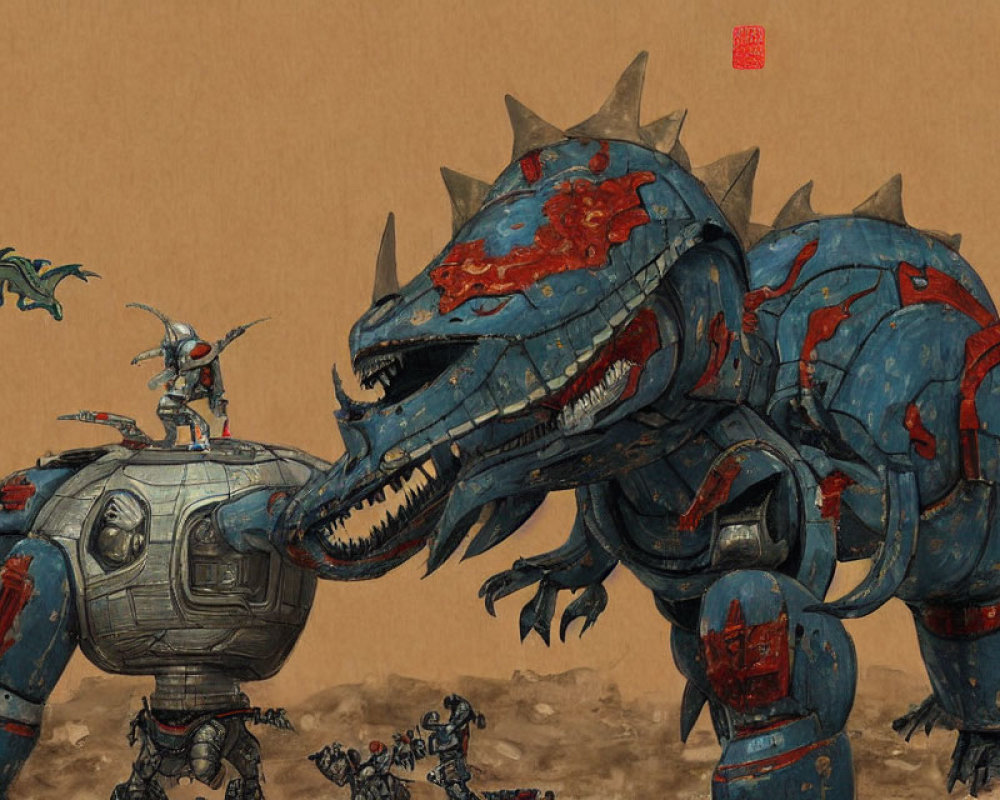 Mechanical dragon art with blue armor plates on textured brown background