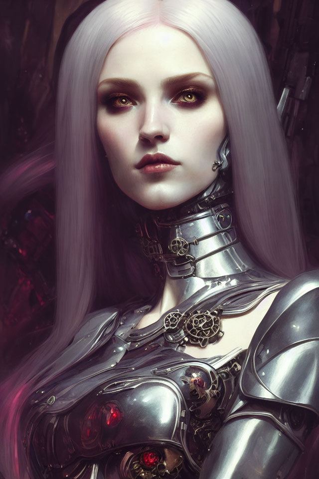 Silver-armored female figure with long white hair and green eyes.