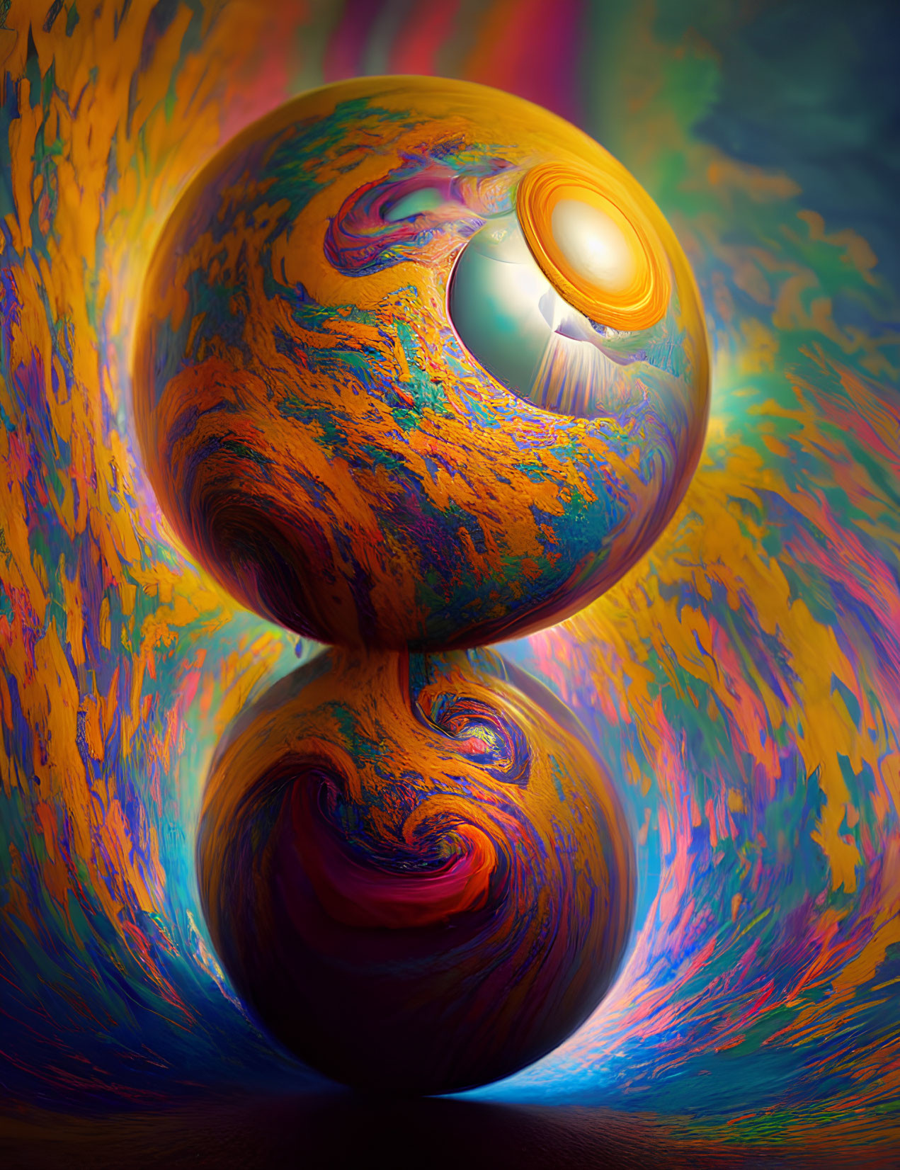 Colorful Abstract Digital Artwork: Reflective Sphere on Curved Structure