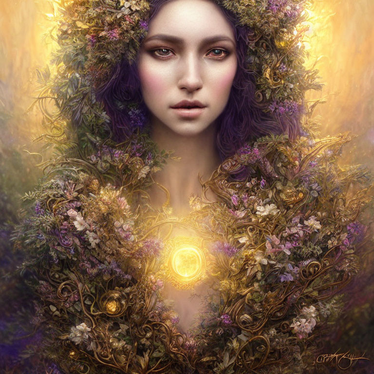 Purple-haired female figure with floral wreath and golden leaves, wearing a glowing amulet