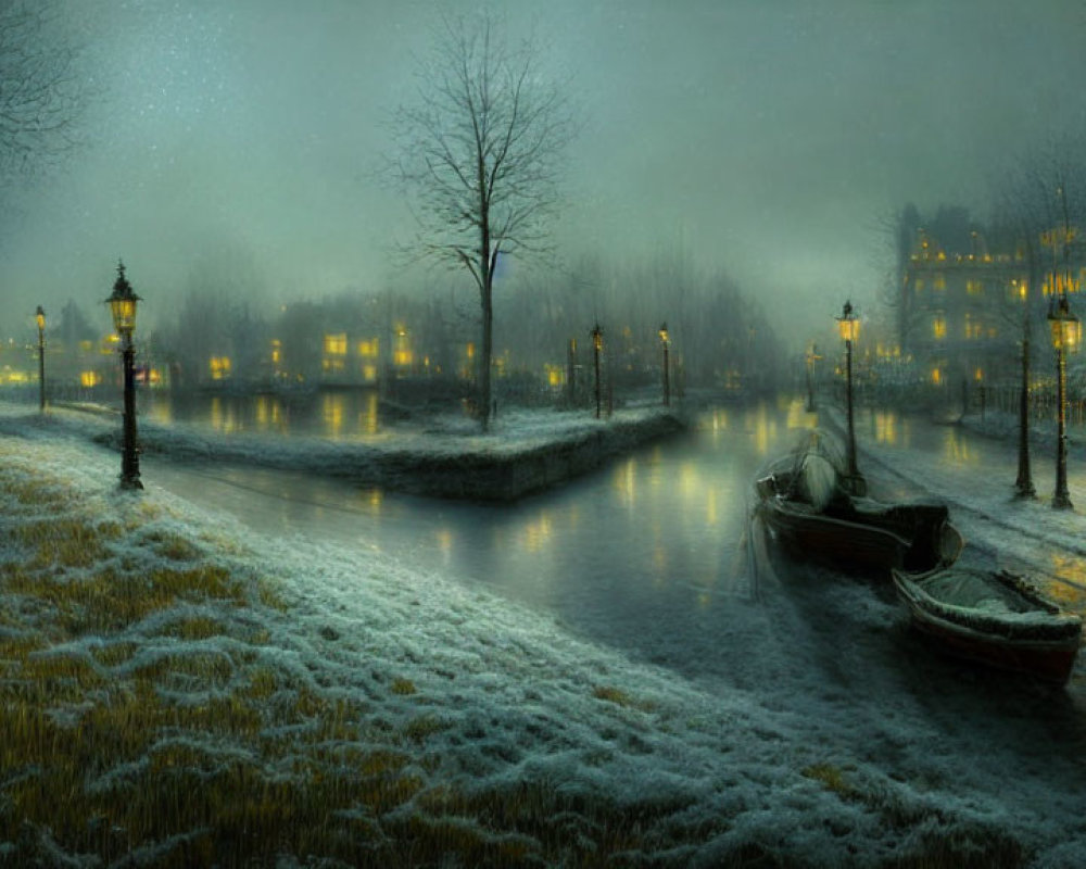 Snow-covered canal at night with glowing street lamps and moored boats