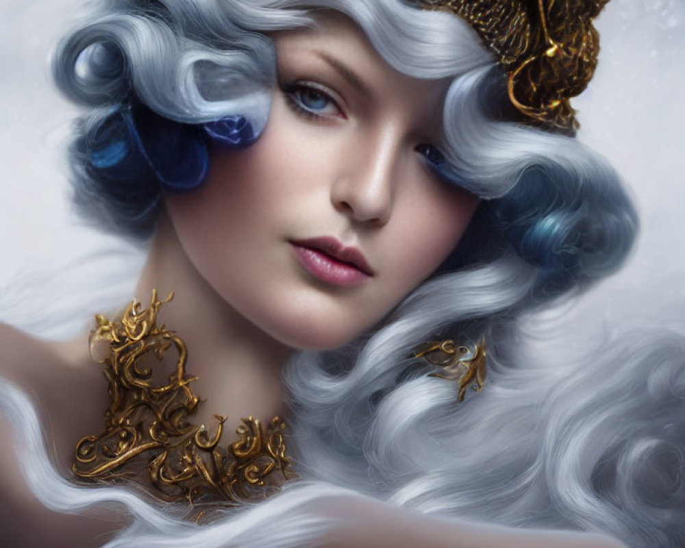 Portrait of Woman with Wavy Silver Hair and Gold Accessories, Surrounded by Blue Flowers