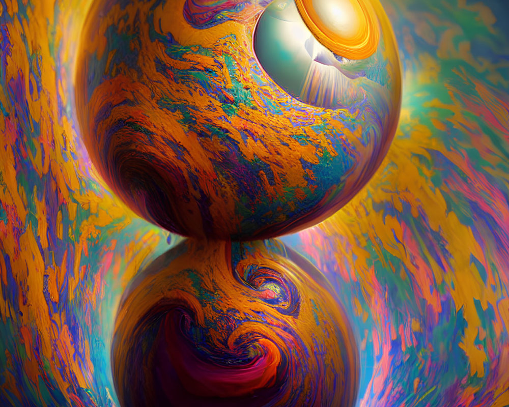 Colorful Abstract Digital Artwork: Reflective Sphere on Curved Structure