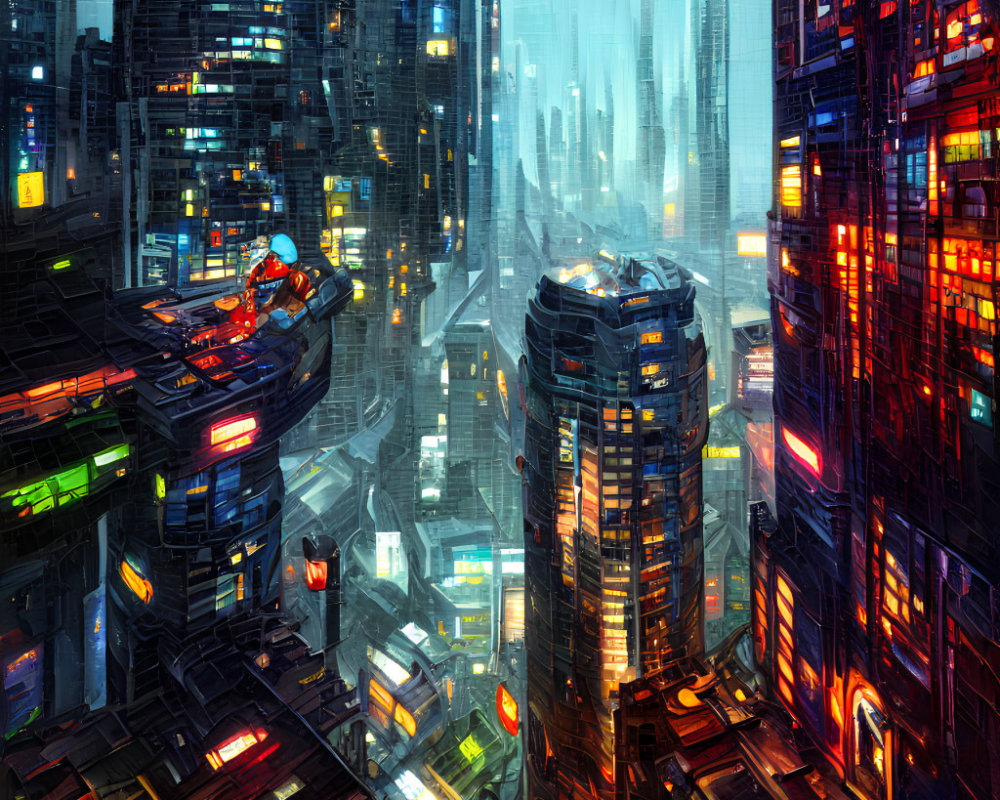 Neon-lit cyberpunk cityscape with towering skyscrapers in the rain