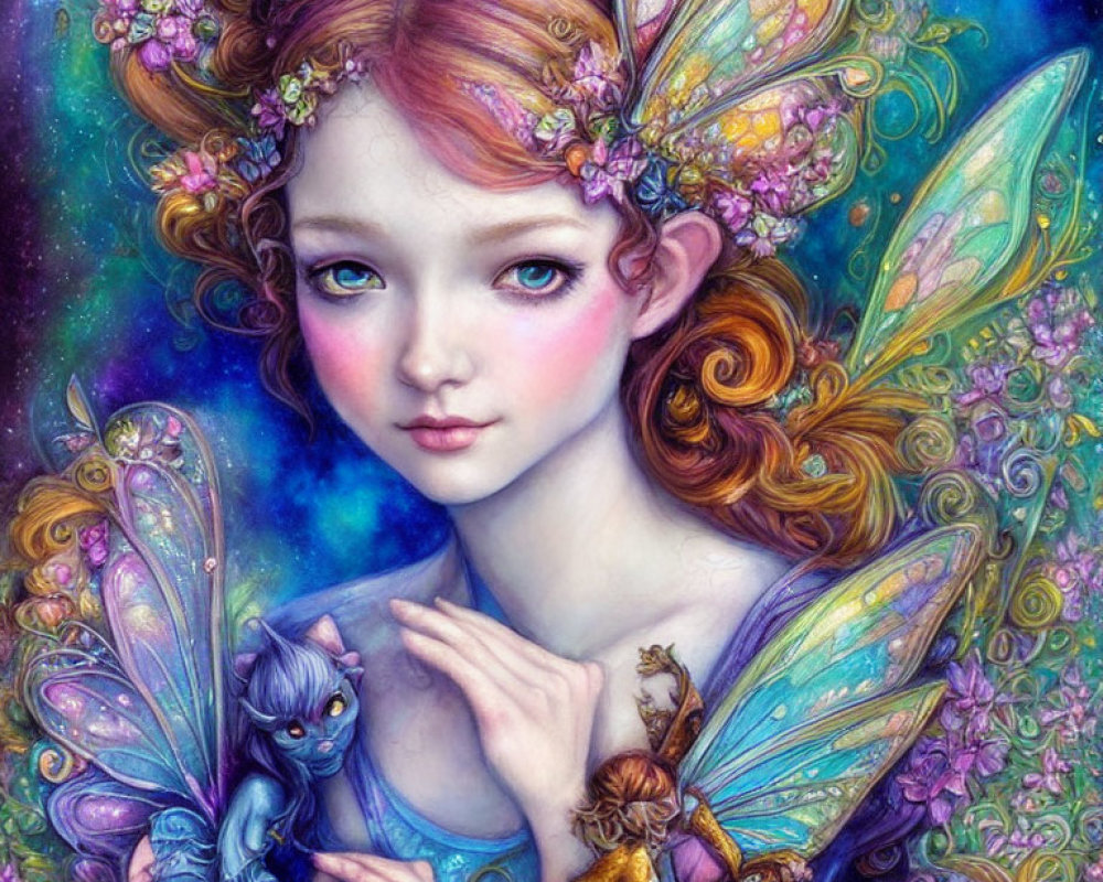 Colorful Illustration of Fantastical Fairy with Intricate Wings and Mythical Creatures